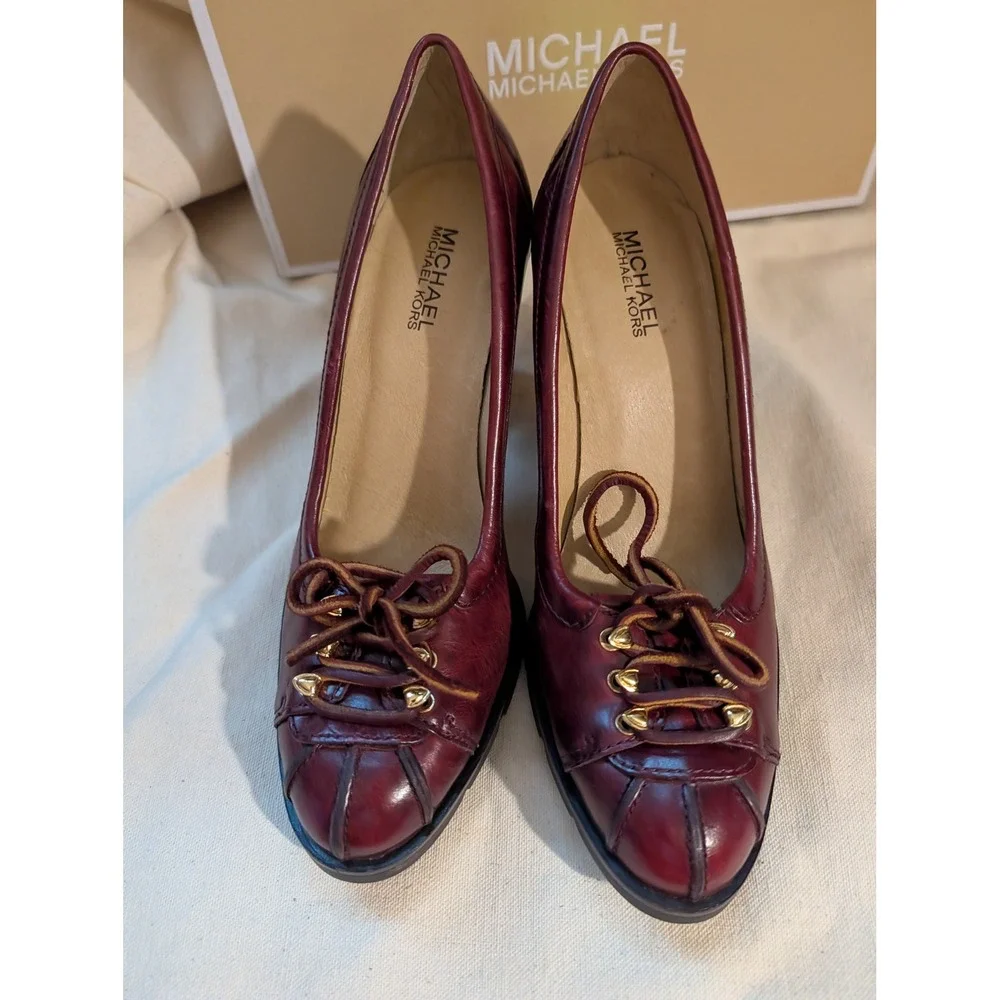 Michael Kors Burgundy Leather Lace Up Block Heel Pumps Lug Sole Womens 8.5M